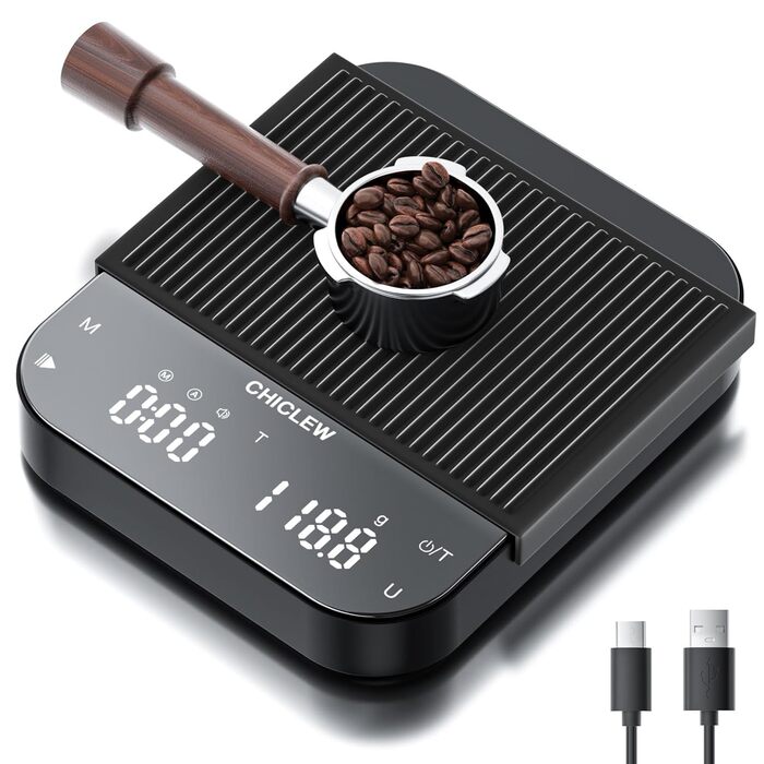 Електрична кавова вага CHICLEW з таймером, 3 кг/0,1 г, для еспресо та Pour-Over, 3 режими, 6 одиниць вимірювання, портативна, з датчиком сили тяжіння, чорна