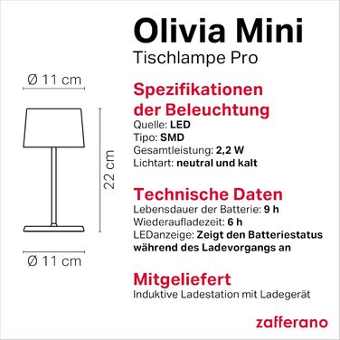 Zafferano Olivia Mini Лампа: Портативна LED-лампа з торканням, 22 см, фіолетовий колір, для дому та вулиці, диммер, 2700-3000K, з зарядним пристроєм (стара версія)