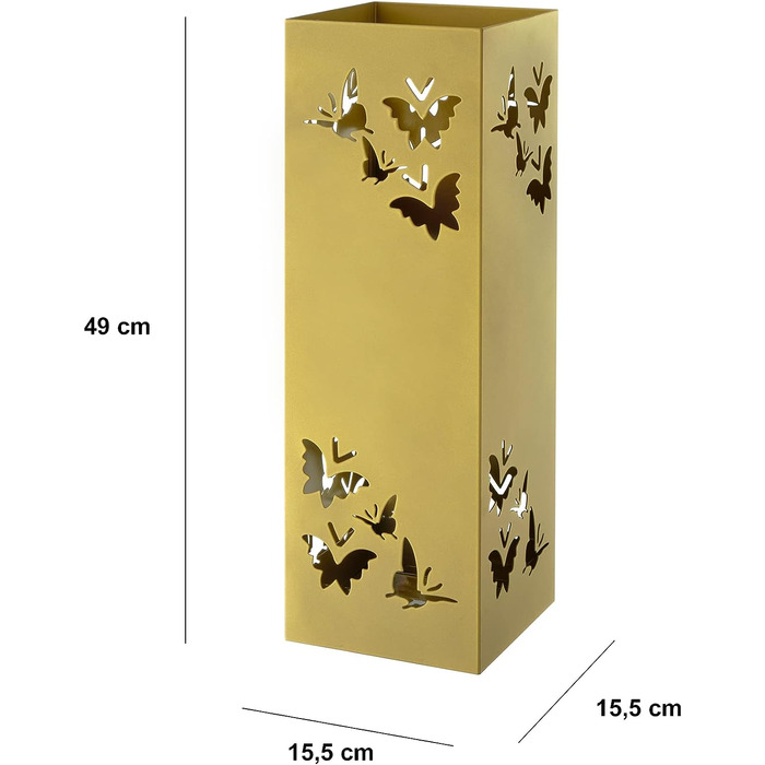 Прямокутна підставка для парасольок з металу з формою-метеликом, 15,5х15,5х49 см, з внутрішнім гачком і знімною дощовою чашею, золотого кольору