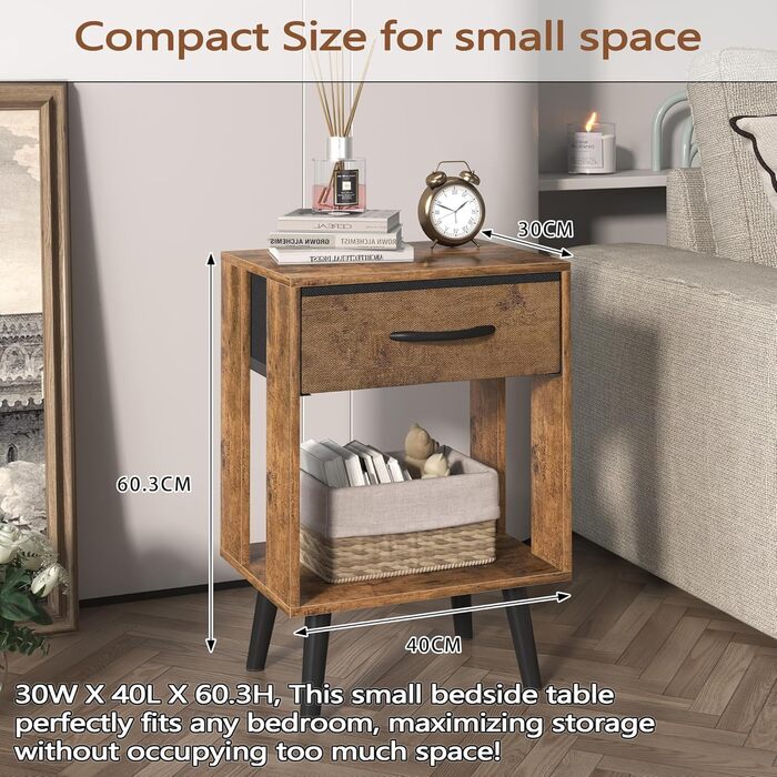 Набір з 2 приліжкових тумбочок, 40x30x60.3 см, з шухлядою, з дерева, для спальні/дитячої кімнати