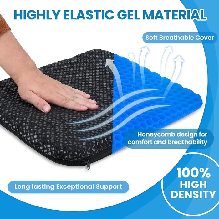 Ортопедична гелева подушка на стілець для офісу та авто, протиковзаюча та дихаюча, синя (47x44x4 см)
