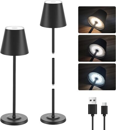 LED лампа настільна бездротова GOODEA з регулюванням висоти, 5500mAh, 3 кольори, диммування, вологостійка, з сенсорним керуванням, алюміній, для вітальні, спальні, тераси, чорна, набір 2 шт.