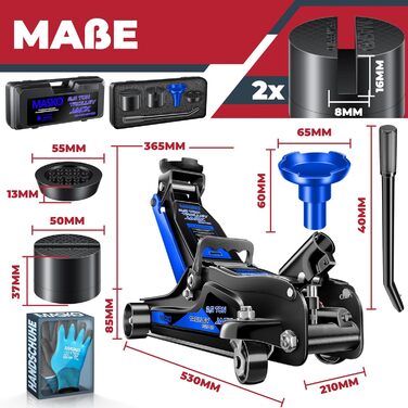 Гідравлічний домкрат MASKO 3T з низьким профілем (85-460 мм) для авто, SUV. З гумовими накладками, роликами 360°, рукавичками. Підставка для ремонту, синій.