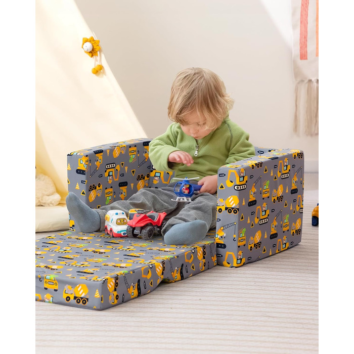 Дитяче диван-ліжко BEJOY 2 в 1: диванчик та крісло, Sherpa, сірий з машинками для дитячої кімнати, подарунок