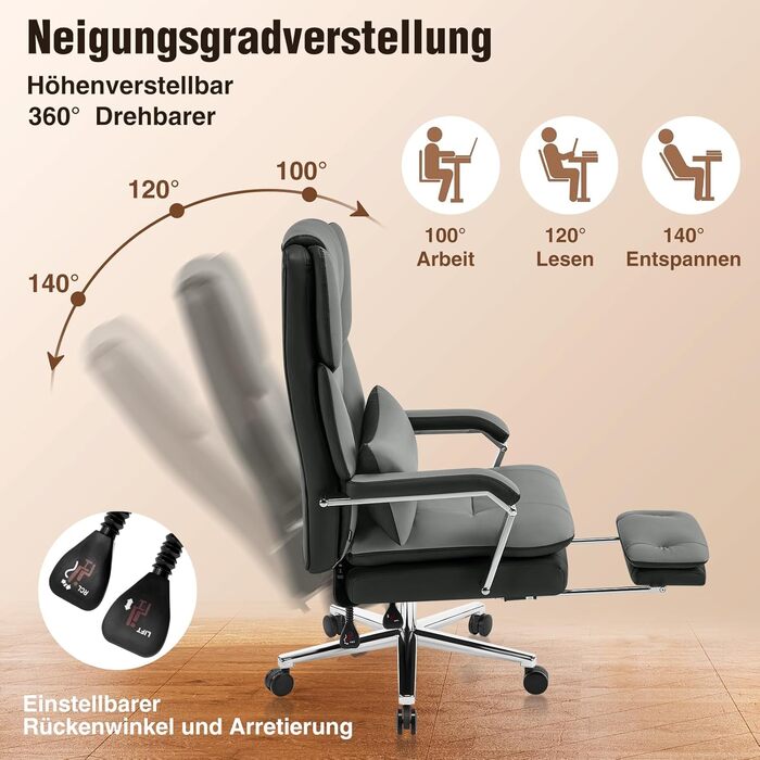 Ергономічне крісло для офісу, шкіра PU, крісло для керівника, 200 кг, з підніжкою та підтримкою попереку, для дому/офісу, регульоване, висока спинка, чорне, 1 шт.