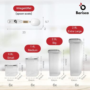Комплект Коробка для зберігання Кухня - Герметичні банки для зберігання без BPA, пластикова коробка 42 л з цифровою ложкою для зважування, 24