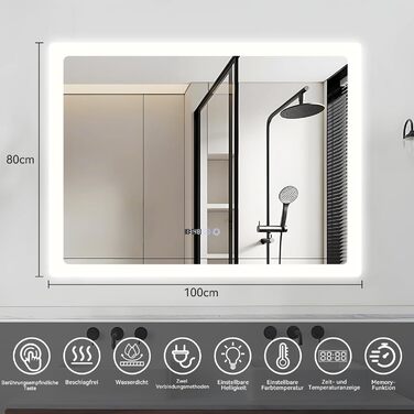 Дзеркало для ванної кімнати YU YUSING з підсвічуванням 80x60 см, LED, 3 кольори світла, регулювання яскравості, антизапар, сенсорне управління, таймер, скло, IP44