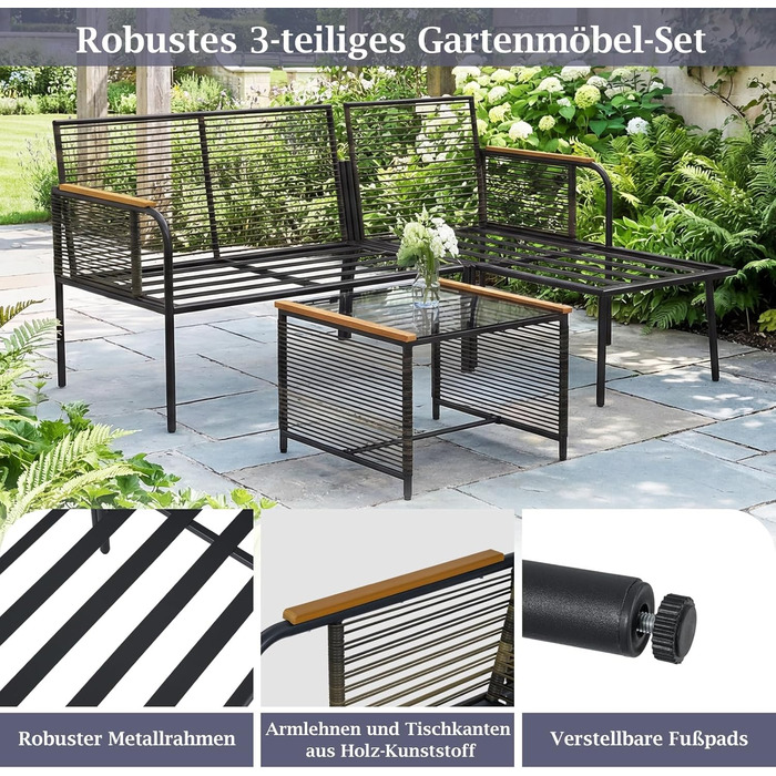 Садовий набір меблів з ротангу COSTWAY: Лаунж-комплект з столом та подушками для саду, балкону, тераси - 3-х місний сірий