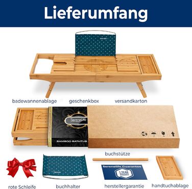 Сервірувальне піднос SereneLife 2-в-1 для ванни та ліжка – бамбуковий, складаний, регульований за розміром, вологостійкий, з жорсткою та м'якою задньою частиною, подарунковий набір