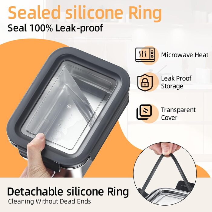 Набори контейнерів для їжі Misichao з нержавіючої сталі, герметичні, для кухні та комори, з можливістю штабелювання, багаторазові, об'єм 450 мл + 1100 мл + 2500 мл