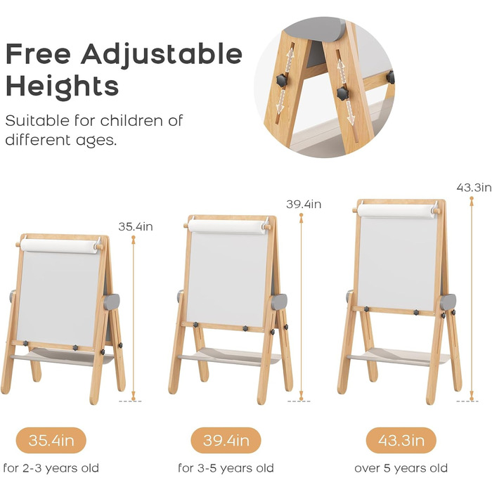 Дитяча трифункціональна складна мольберт BanaSuper з крейдою та білою дошкою, регульована висота, з тримачем для рулонів паперу, ідеальний подарунок для дітей