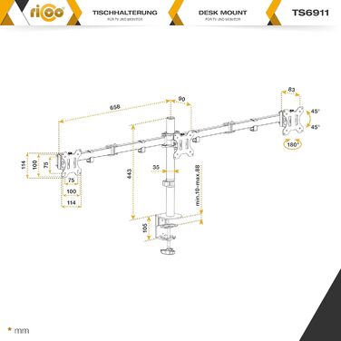 Тримач для монітора RICOO TS6911 - кріплення для 3 моніторів, 13-26 дюймів, ПК, офіс