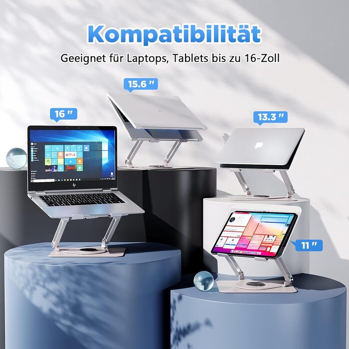 Підставка для ноутбука ICARE з RGB підсвіткою та охолодженням, 360° обертання, до 16 дюймів, срібна