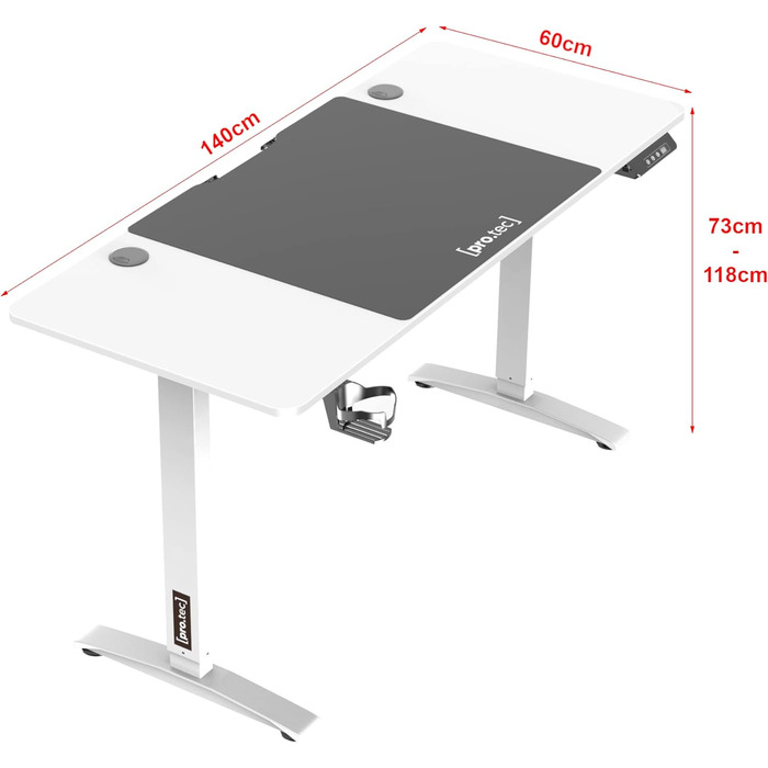 Стіл pro.tec регульований по висоті 140x60см електричний, функція пам'яті, тримач для чашки, гачок для навушників, до 80 кг, білий