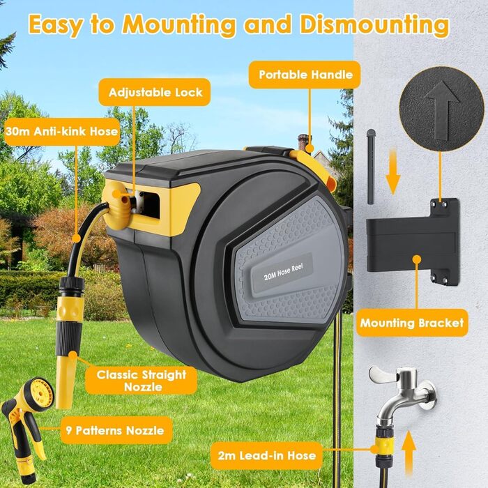 Шланговий барабан з шлангом для саду, настінний, поворотний на 180°, автоматичне змотування, бокс для шланга з ручною лійкою, 9 функцій, для поливу та миття авто (чорно-жовтий, 20 м)