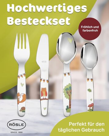 Дитячий набір столових приборів RÖSLE 'Waldfreunde' (4 шт.) з нержавіючої сталі 18/10, для дітей від 3 років, придатний для миття в посудомийній машині, чудовий подарунок на хрещення для хлопчиків та дівчаток