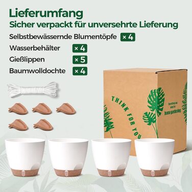 Набір з 4 самополивних горщиків для квітів T4U з індикатором рівня води, легкий у догляді, великий розмір (15 см, білий)