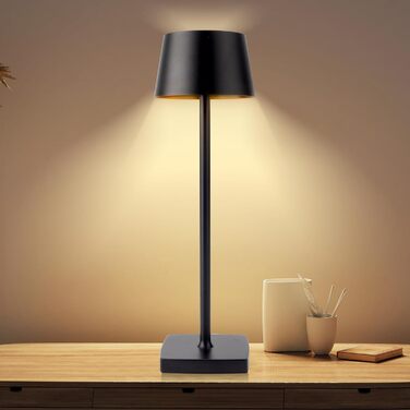 LED настільна лампа Seihoae бездротова, 6000mAh, IP54, алюміній, сенсорне керування, тепле світло, для спальні, кав'ярні, ресторану, чорна