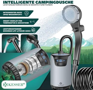 Соняшна душова кабіна KESSER® з насосом та акумулятором 8000mAh | Комплект для кемпінгу з регульованим душем, 2м шлангом, пістолетом-розпилювачем та кріпленням. Без бака. Срібно-чорний колір