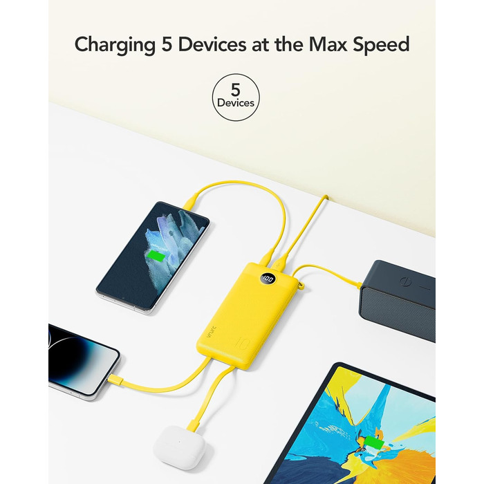 З кабелем, LED-дисплей, 5 виходів, 2 входи, USB C, жовтий, сумісний з iPhone/Huawei/Samsung/iPad, 10000mAh