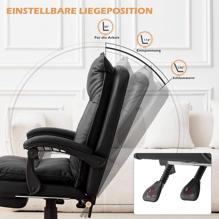 Офісний крісло TUKAILAI: ергономічне, з регулюванням висоти, підлокітники, підставка для ніг, чорне