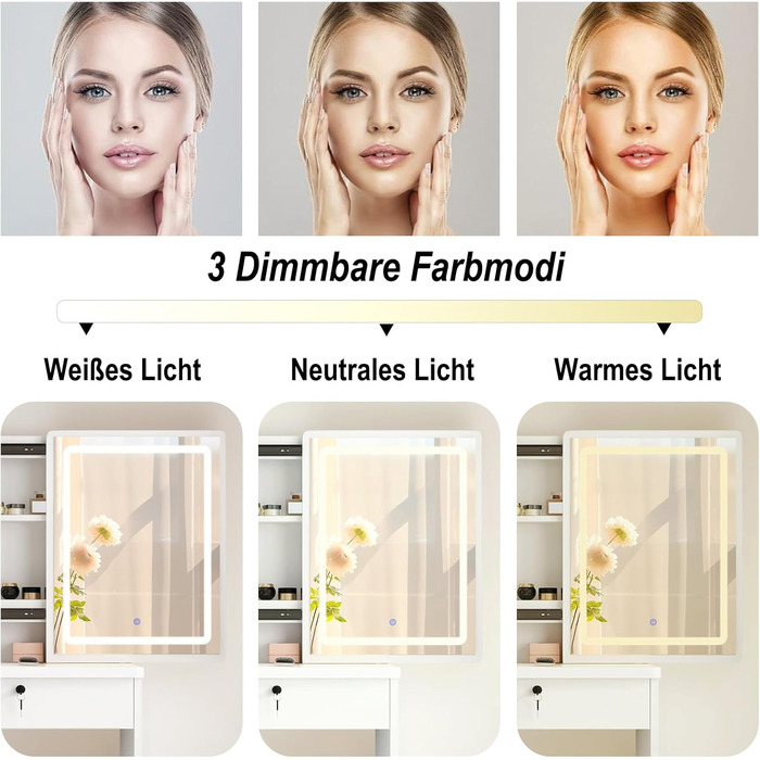 Дзеркальний туалетний столик DATO з LED-підсвічуванням, 3 колірні температури та регулюванням яскравості, з пуфом, 5 шухляд та 3 полиці, розсувний дзеркало