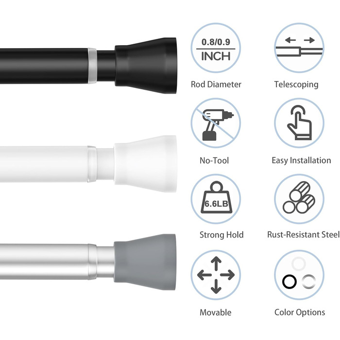Штанга для штор без свердління AIZESI 113-197 см, телескопічна, для душу/ванної, регульована, діаметр 22 мм, срібна