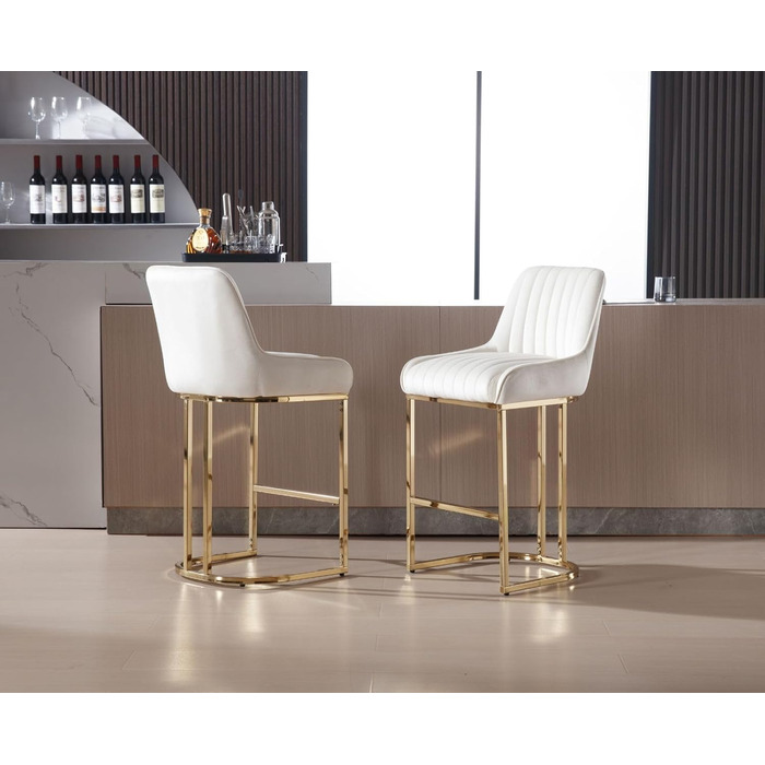 Набір з 2 барних стільців з велюру з золотистими ніжками, з підлокітниками та спинкою для кухонної стійки/домашнього бару (білий)