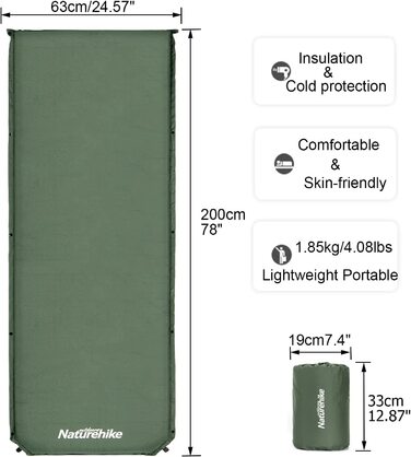 Самонадувний спальний килимок Naturehike-міцний похідний матрац товщиною 5 см, який можна з'єднати з декількома легкими спальними килимками для піших прогулянок, наметів,гамаків,походів,сімейного кемпінгу Зелений