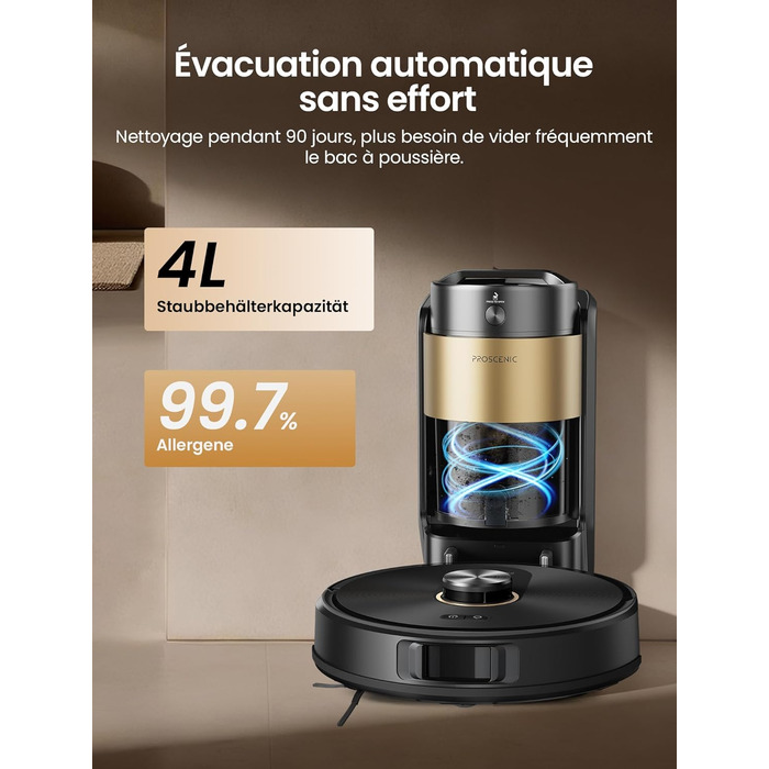 Робот-пилосос Proscenic Q20Plus з функцією миття, 10000Pa, 200хв, бездротовий, самостійна очистка, 3-в-1 для тварин, килимів, твердих поверхонь, чорний