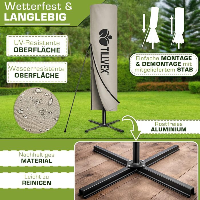 Прямокутна садова парасолька tillvex® з алюмінієвим стійкою 330 см, підвісна модель з рукояткою, захистом від UV та вітру, водонепроникна (Taupe, без LED)