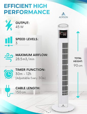 Баштовий вентилятор AERSON з пультом, 80-90 см, 45 Вт, 3 ступені, LED дисплей, таймер, білий, 90 см