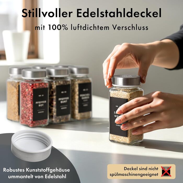 Набір кутових банок для спецій з нержавіючою кришкою (24 x 120 мл) з дозатором та 240 чорними етикетками - високоякісні контейнери для спецій, органайзер для спецій [10,7 см x 4,5 см]
