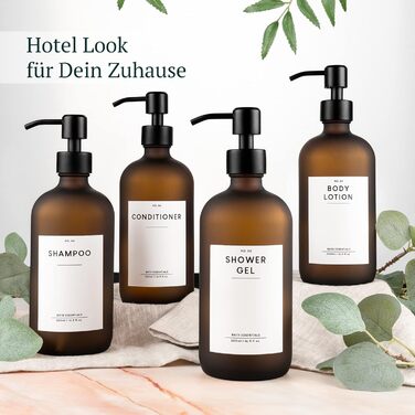 MONOKO Набір з 4 дозатори для мила чорного матового кольору з скла, 500 мл | Дозатори для шампуню, мила для кухні | Нержавіюча сталь, помповий механізм | Флакони з наліпками (Коричневий-500)