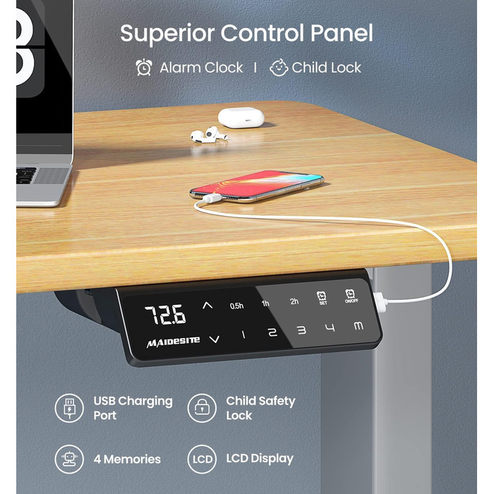 Регульований за висотою електричний стіл MAIDeSITe з 2 моторами, пам'ятью та захистом від зіткнень (72-120 см, сірий)