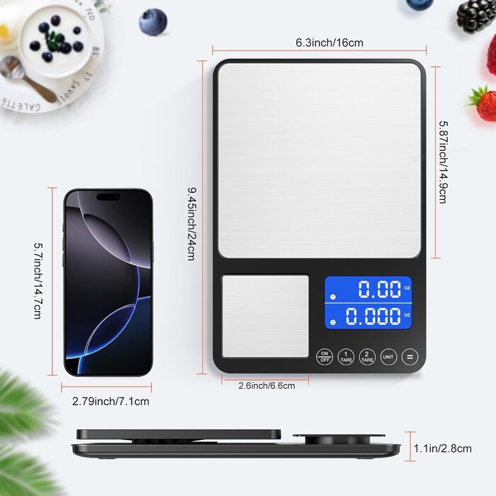 Кухонні ваги цифрові з двома платформами, 15 кг/1 г та 500 г/0.01 г, з 7/6 одиницями вимірювання, функцією підсумовування, автовимкненням, тарою, без USB, LCD-дисплеєм, для кухні, ювелірних виробів, випічки, приготування їжі, з батарейками (чорний)