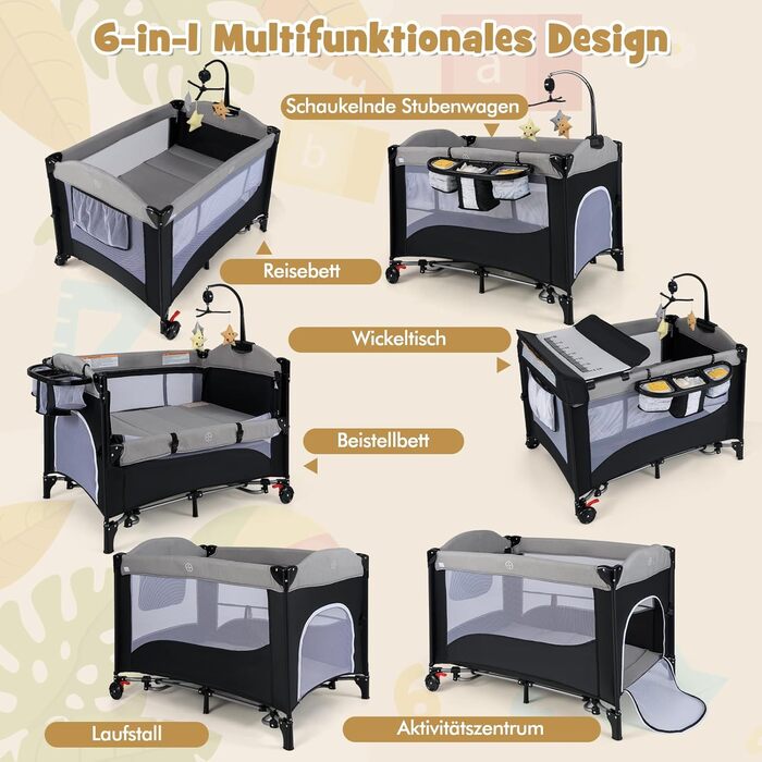 Дитяче ліжко-манеж DREAMADE 5 в 1 з матрацом, колесами та пеленальним столиком, з музичною іграшкою, 110x76 см, для новонароджених, з сумкою (зелений/сірий)