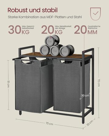 Кошик для білизни VASAGLE з 2 відділеннями, 92 л, чорно-вінтажний, з металевим каркасом