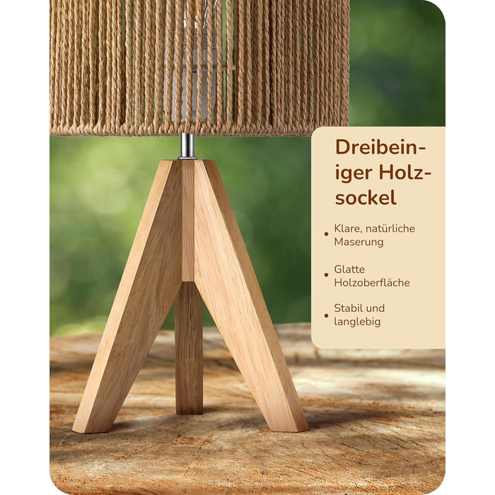 LED настільна лампа EDISHINE з абажуром з ручної роботи та дерев'яною підставкою, тепле світло 2700K, бохо-стиль для спальні, вітальні та готелю, з лампочкою E27 4W, паперовий шнур