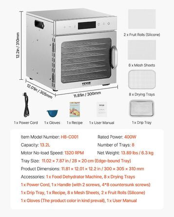 Електрична сушарка для їжі VEVOR з 10 нержавіючими чашами, 1000 Вт, для м'яса, фруктів, овочів, трав, собачих ласощів