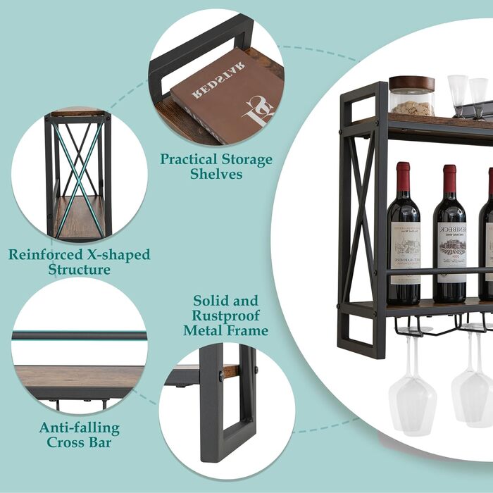 Стильна полиця для вина Komfotteu на стіну, дерев'яна з металевим каркасом, з тримачем для келихів, 60 x 20 x 55 см