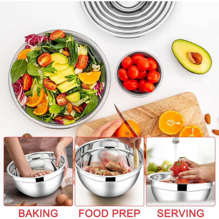 Набір місок для перемішування E-far з кришками, 21 предмет, нержавіюча сталь, з 3 тертками, розміри 7, 4,6, 3,5, 2,6, 2, 1,5, 1QT, збірні, з кольоровими герметичними кришками, для випічки/приготування (7, Червоний/Подорож, Однотонний (Getaway Solids))