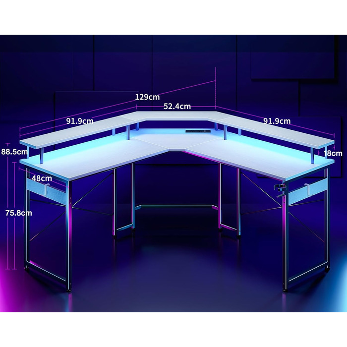 Ігровий стіл ODK 129x129 см з LED підсвіткою, 2 розетки та 2 USB, для ПК та комп'ютера, білий