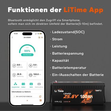 Акумулятор LiTime LiFePO4 24 В 100 Ач, Bluetooth, керування APP, 4000 циклів, термін служби 10 років, заміна свинцево-кислотного продукту