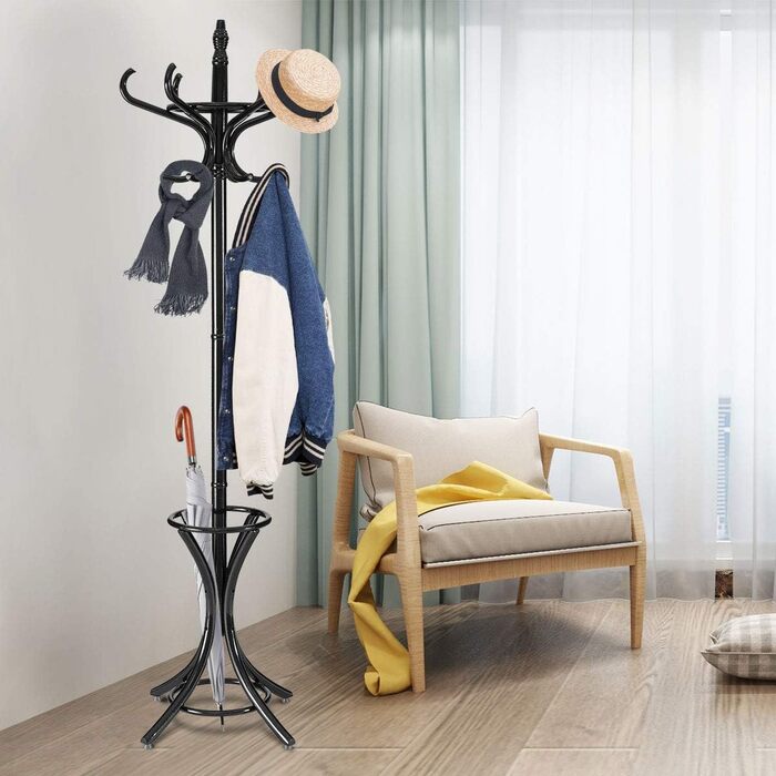 Стойка для одягу GIANTEX з підставкою для парасольки, дерев'яна, 12 гачків, для прихожей/вітальні (чорна)