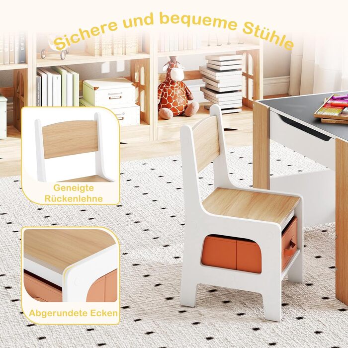 Детский стол со стульями COSTWAY 3 в 1, деревянный стол для рисования с ящиком, комплект детской мебели для детей от 3 лет, столешница с покрытием (Натуральный, Комбинированный)