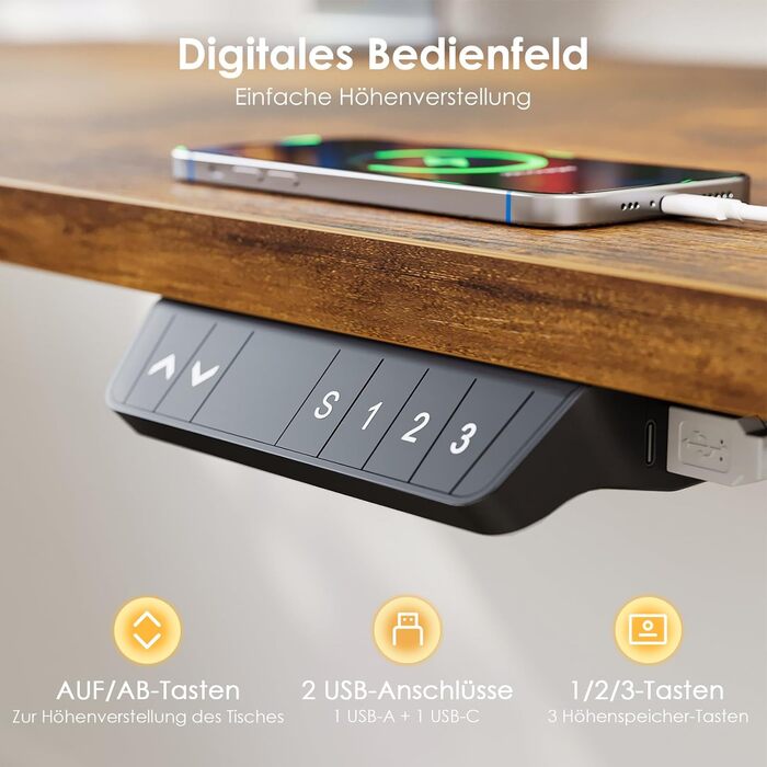 Регульований стіл OffiGo з 2 моторами: чорний, USB-C, 100-200 см, 3 пам'яті