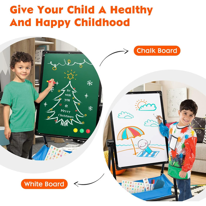 Дитяча мольберт Kinderstaffelei, двосторонній, складний, регульований по висоті, з місцем для зберігання, 360° обертання, мольберт та дошка для малювання з набором літер та цифр, для хлопчиків та дівчаток (Чорний)