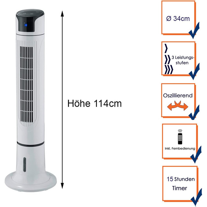 Функція осцилюючого та розпилювального туману баштового вентилятора, зволожувач повітря, 3-ступінчастий таймер, сенсорний дисплей і пульт дистанційного керування, висота 114 см Ø34 см