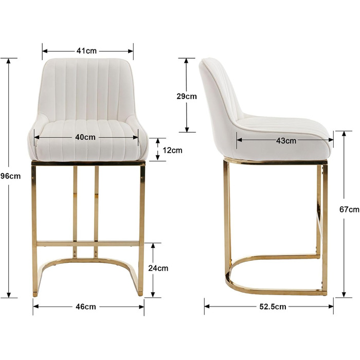 Набір з 2 барних стільців з велюру з золотистими ніжками, з підлокітниками та спинкою для кухонної стійки/домашнього бару (білий)